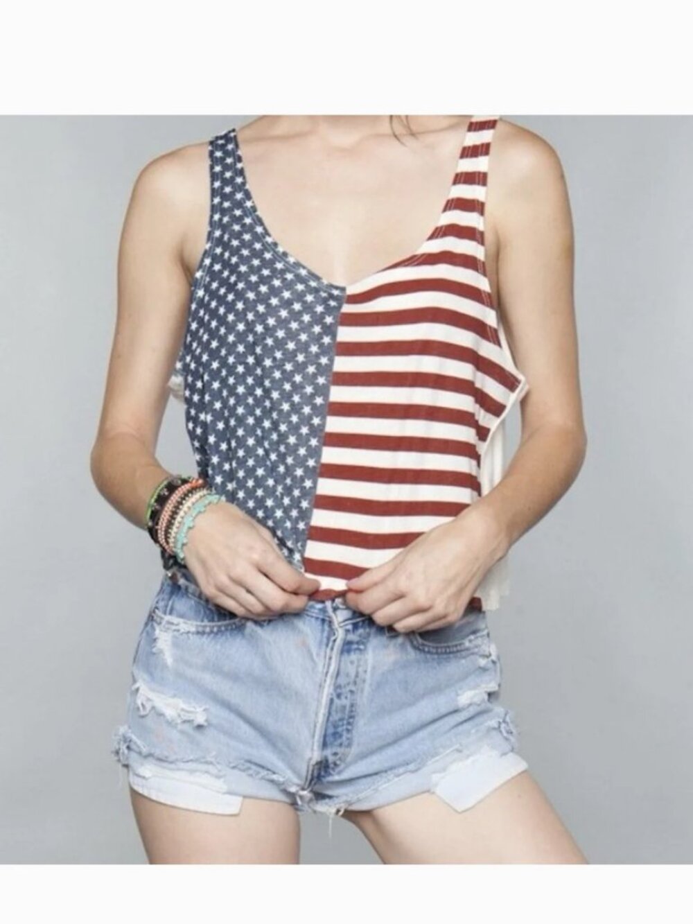 Brandy Melville Blue White Red American Flag Stars Graphic Crop Top Cami Shirt